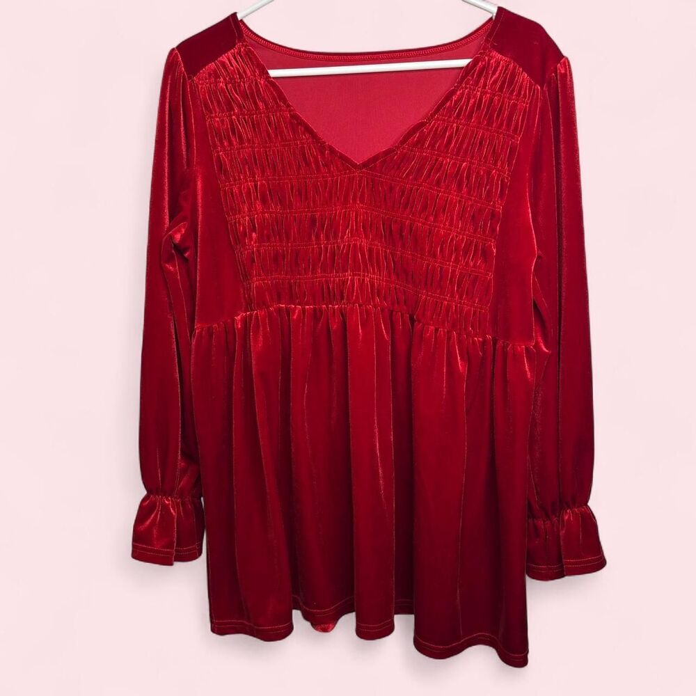 M Red Velvet Smocked V-Neck Bell-Sleve Blouse